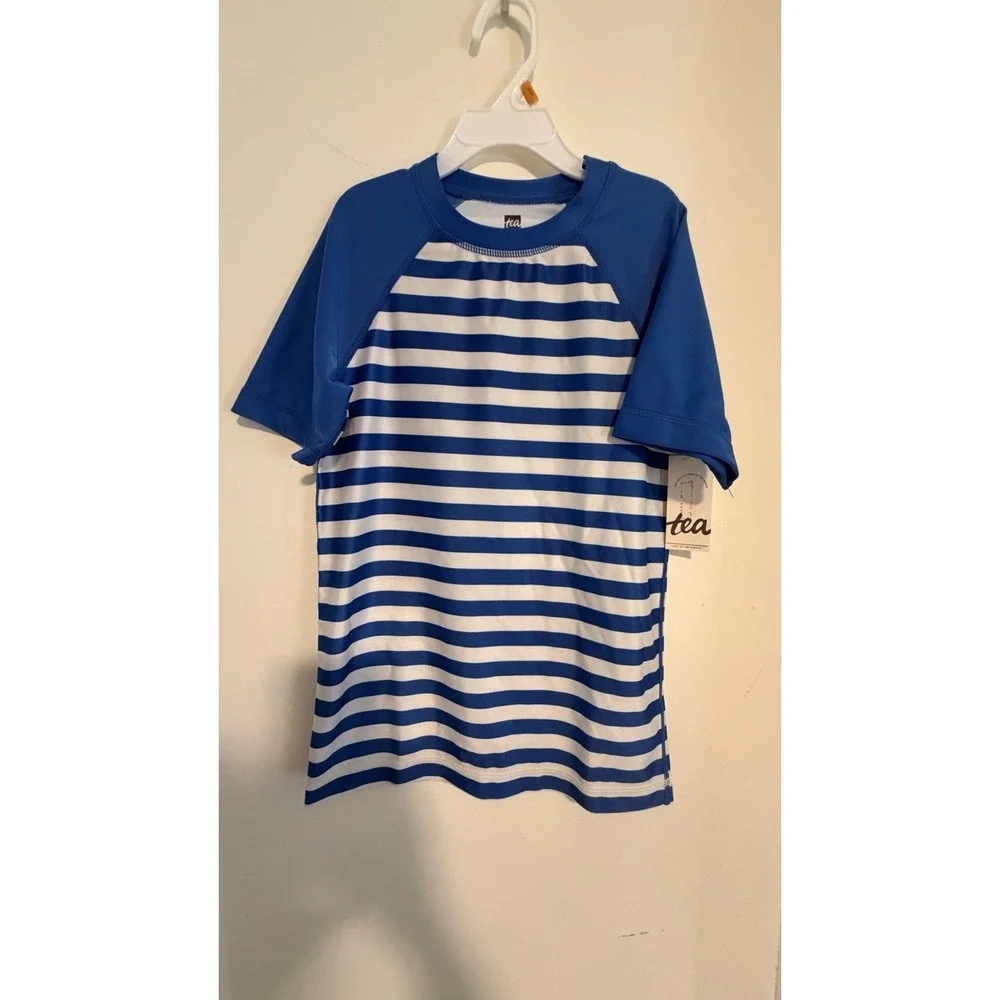 Tea Collection Boys Short Sleeve Rash Guard, Blue Striped Size 10 NWT